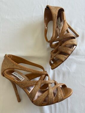Badgley Mischka Champagne Gold Glitter Strappy High Heels